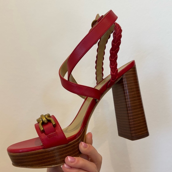 Michael Kors Women Red Kailey Leather Braided Strap Chunky Platform Heels Size 8 - Picture 9 of 15